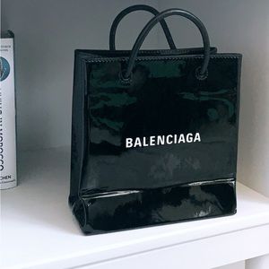 Balenciaga extra small shoppers bag in black patent leather